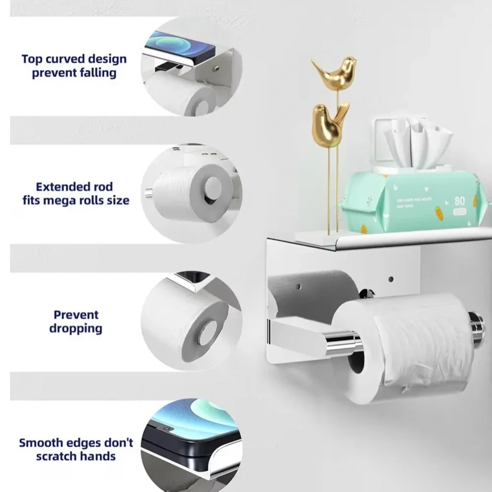 Stainless Steel Toilet Paper Holder With Shelf Mount No Screws